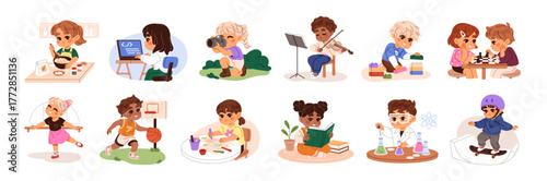 Different kids' hobbies set. Happy children play chess, music instruments, reading books and drawing. Cute boys and girls have fun, like photography. Flat isolated vector illustrations on white.