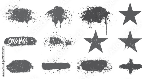 Expressive brush stroke and spray paint texture pack for modern artwork. Ink splatter and grunge brush stroke vector set for digital and print design. 