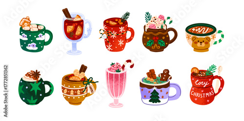 Set of cute Christmas drinks. Decorated cups of Xmas cocoa with marshmallow, hot chocolate, coffee with milk. Cozy mugs of winter beverages. Flat isolated vector illustrations on white background.