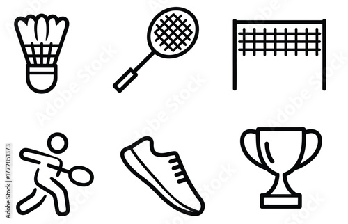 Dynamic badminton icons capture the thrill of the game, showcasing shuttlecock, racket, net, player action, footwear, and championship trophy for sports enthusiasts and event promotions