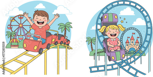 Cartoon children riding roller coasters, amusement park fun, cheerful carnival scene, Ferris wheel and castle, outdoor adventure, playful summer illustration