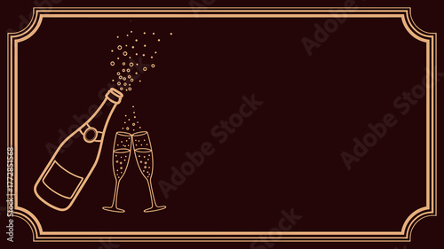 Champagne bottle and glasses with bubbles in gold line art on dark burgundy background