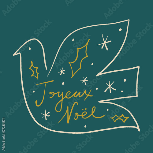 Joyeux Noel hand-drawn handmade style calligraphic square postcard elements with dove bird and snowflakes stars, editable eps vector file clip-art French lettering illustration in Christmas dark green