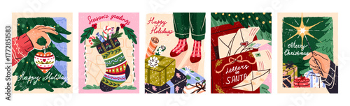 Merry Christmas postcards designs set. Templates of Happy New Year greeting cards. Layouts with Xmas trees, hands holding ornaments and sparkler. Winter holidays. Flat hand drawn vector illustrations.