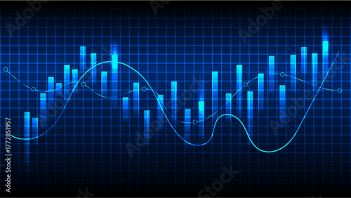Glowing blue financial chart with candlestick patterns and line graph on grid background, representing data analysis