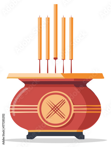 Vibrant illustration of a red ceremonial incense burner with multiple burning joss sticks