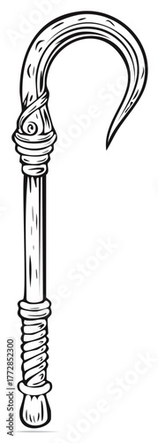 Ornate shepherd staff line art illustration with intricate spiral details and traditional curved top