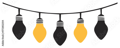 Decorative string of party lights illustration with glowing yellow and black bulbs