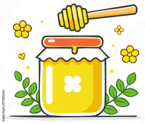 Cute cartoon illustration of a glass honey jar with a wooden dipper stick flowers and leaves