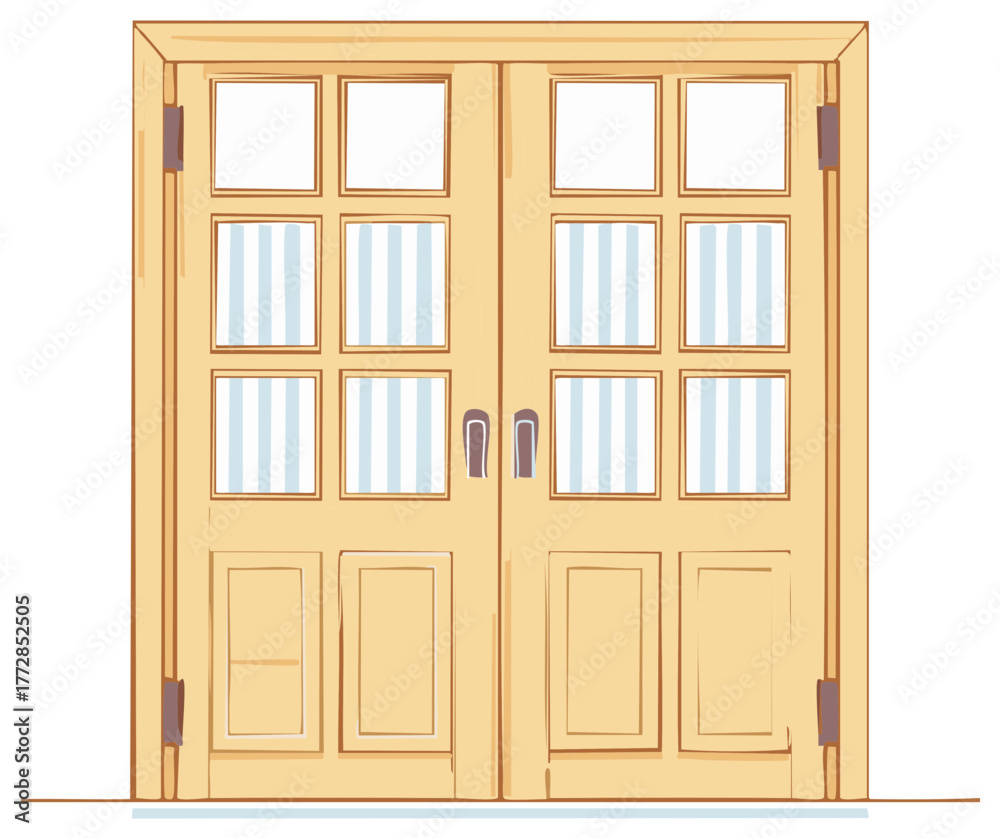 Obraz premium Light Wooden Double Doors with Glass Panels and Striped Windows Illustrative Home Entrance