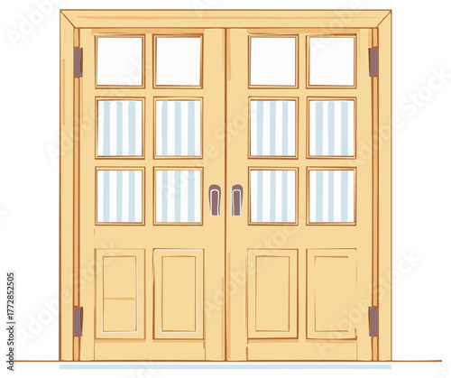 Light Wooden Double Doors with Glass Panels and Striped Windows Illustrative Home Entrance