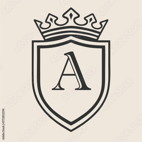Abstract Alphabet A-Z Crown Shield Emblem in Minimal Line Art Vector Style for Luxury Branding, Royal Crest Design, Classic Heritage, and Zenith Elegant Identity Concept