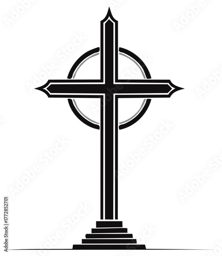 Stylized Christian cross icon in black with a central circle and a layered pedestal base.