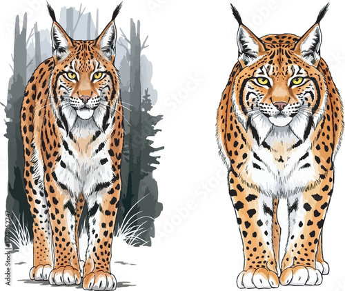 Detailed Eurasian lynx illustration graphic standing in a forest and isolated on white background