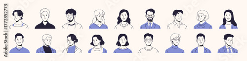 Contour set of business avatars. Happy faces of employees for user profiles. Different portraits of diverse office workers with joyful smiles. Flat isolated vector illustrations on a white background.