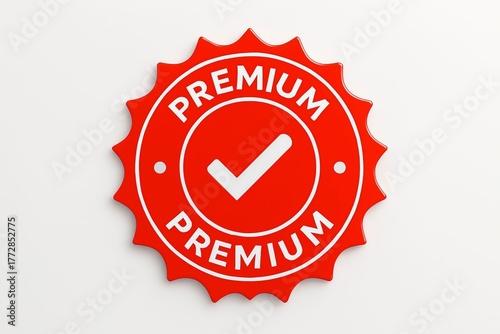 Bright red premium quality seal with a white check mark and jagged edges on a white background