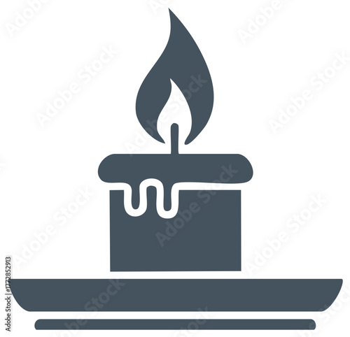 Modern lit candle icon with flickering flame and melting wax, symbolizing light, peace, and warmth.