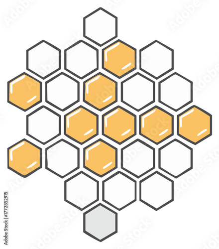 Honeycomb structure with empty cells and yellow cells for an incomplete hexagon vector