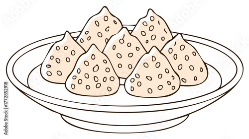 Sweet Asian rice cakes with textured topping served on a plate illustration