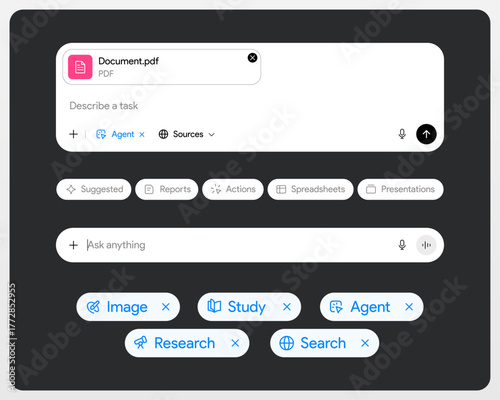 LLM interface elements. AI chat UI template: prompt, input field, chip, button, PDF attachment, source, research, reason and agent mode. Chat gpt style window dashboard mock-up. Vector illustration.