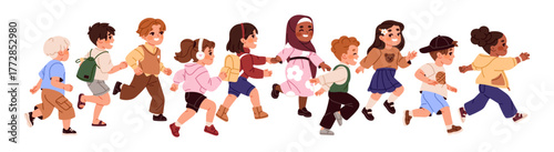 Group of happy kids is running. Cute children are rushing to the lesson together. Child team of girls and boys is jogging, playing and having fun. Flat isolated vector illustration on white background