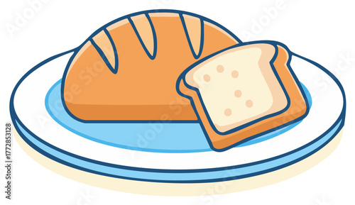 Appetizing vector illustration of fresh bread loaf with a single slice displayed on a blue plate.