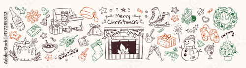 Christmas items doodle set. Xmas tree, decorated fireplace and New Year decor., Santa's sled, gifts and winter holiday elements. Hand drawn isolated outline vector illustrations on white background.