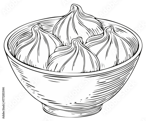 Line art illustration of khinkali dumplings in ceramic bowl ethnic cuisine meal