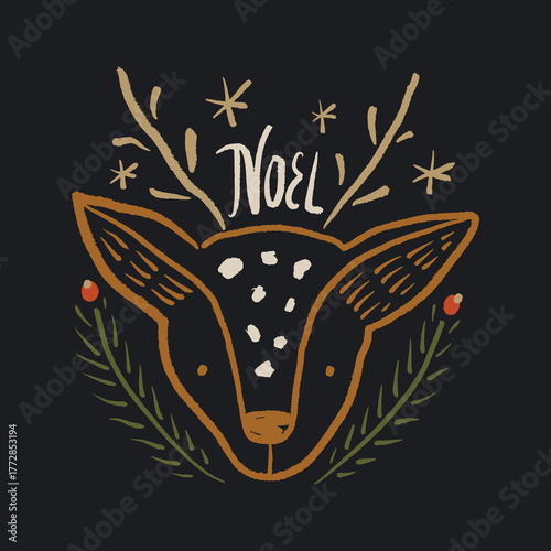 Nursery modern abstract folk tribal boho patterned Norwegian reindeer boy face muzzle head with horns, north animal in Scandinavian style. Floral Slovak ornamental engraving baby deer collage vibe