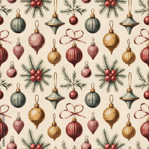 Seamless vintage Christmas pattern with colorful baubles, golden bells, holly sprigs, and red bows on beige background — festive repeat for wrapping paper and seasonal design
