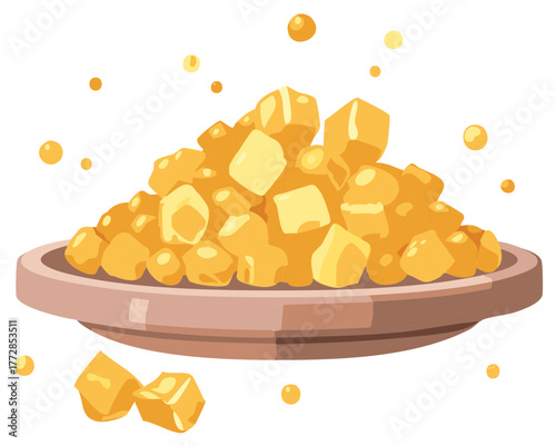 Heaping plate of golden caramel or butterscotch candy cubes vector illustration