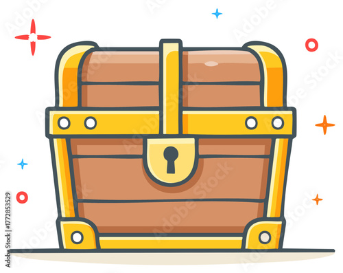 Illustrated cartoon treasure chest with gold hardware and lock, with sparkling stars.