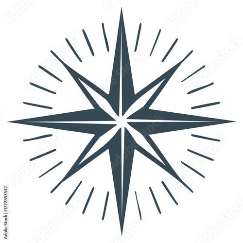 Stylized compass rose star icon with radiating lines for navigation and travel