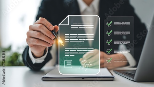 Person signing digital contract with pen and checklist on transparent screen