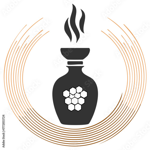 Elegant honey jug silhouette with a honeycomb emblem and rising aromatic steam in a circular frame