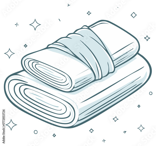Clean fresh folded towels stacked neatly with sparkles. Line art illustration icon for laundry and hygiene.