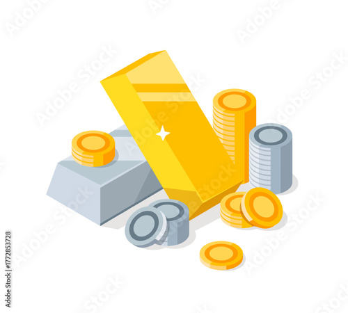 Gold bars and silver bars,Gold coins and silver coins,flat design icon vector illustration