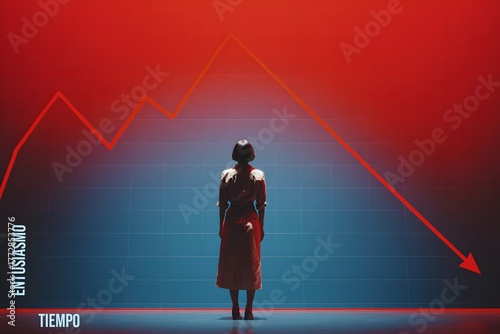 Mujer frente a un gráfico en fuerte caída que representa el entusiasmo versus el tiempo, simbolizando pérdida de motivación, agotamiento emocional, estrés y disminución del compromiso personal o labor