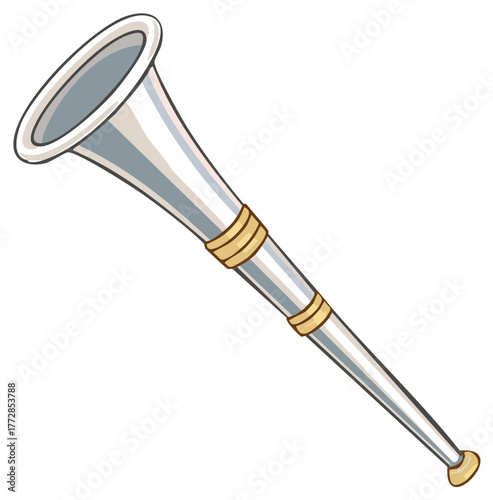 Shiny silver ceremonial brass instrument with gold bands a classic fanfare horn