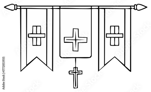 Religious Banners with Cross Symbols Hanging from a Pole with Decorative Finials