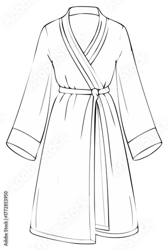 Wrap Robe Outline Drawing, Kimono Style Bathrobe, Spa Dressing Gown, Fashion Illustration