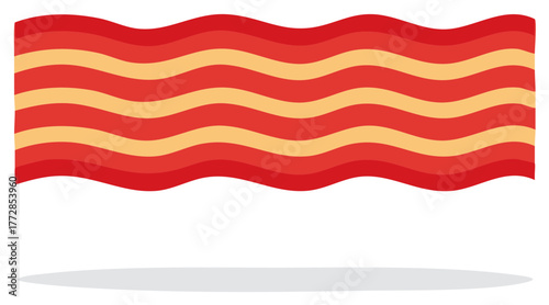 Cooked strips of bacon on a white background with a gray shadow below.