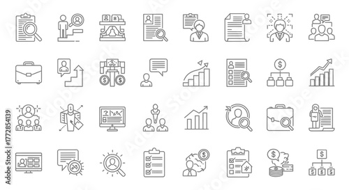 Vector illustration of a business icon set for web design featuring finance mobile and communication symbols