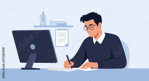 Focused Individual Working On Documents And Computer In A Peaceful Home Office Environment