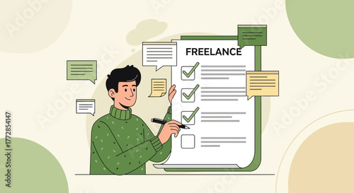 Freelancer Illustration: Man Completing Checklist for Remote work and Digital Nomad Lifestyle