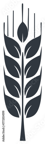 Stylized ear of wheat icon, simple monochrome grain stalk silhouette for agriculture and food.