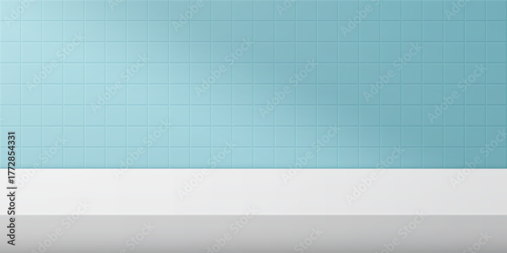 Fototapeta premium Bathroom or kitchen scene with white table and blue tiles. Background with pattern of square ceramic tile. Clean scene studio for product display with shadow. Realistic vector illustration