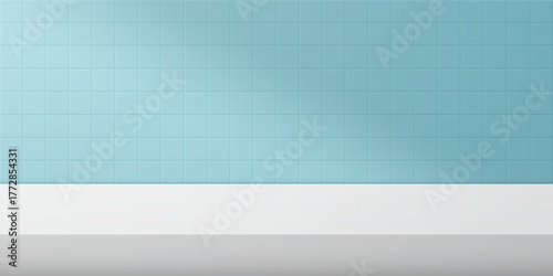 Bathroom or kitchen scene with white table and blue tiles. Background with pattern of square ceramic tile. Clean scene studio for product display with shadow. Realistic vector illustration