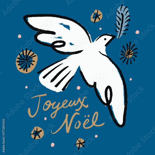 Joyeux Noel hand-drawn handmade style calligraphic square postcard elements with dove bird and snowflakes stars, editable eps vector file clip-art French lettering illustration in blue navy night sky