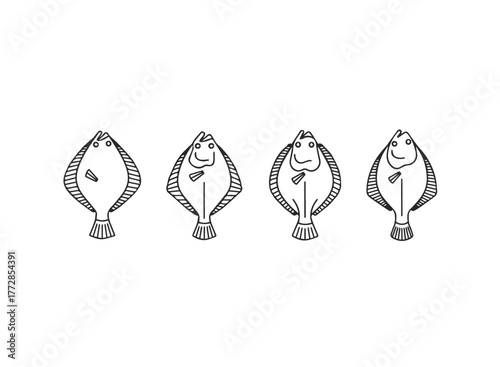 Four Stylized Flatfish Line Art Icons
